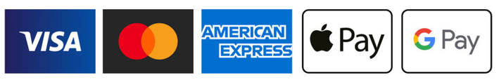 Visa, Mastercard, American Express, Apple Pay, Google Pay